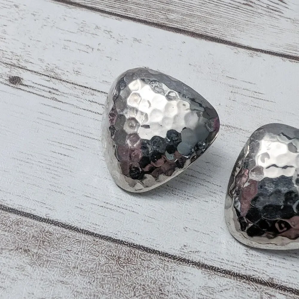 Vintage Clip On Earrings Rounded Triangle Silver Tone Hammered Pattern